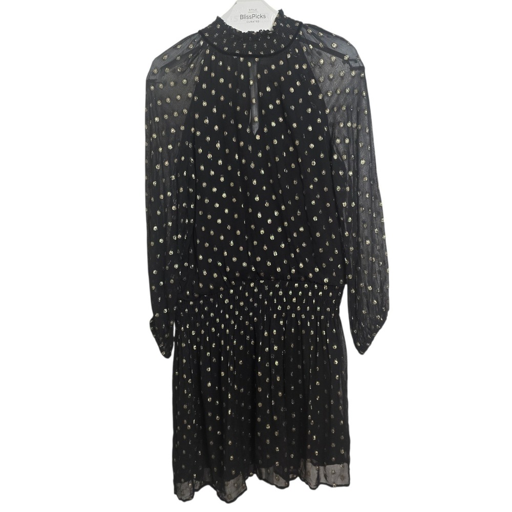 Velvet by Graham & Spencer Black Gold Metallic Polka Dot Smocked Mini Dress M - Picture 2 of 10